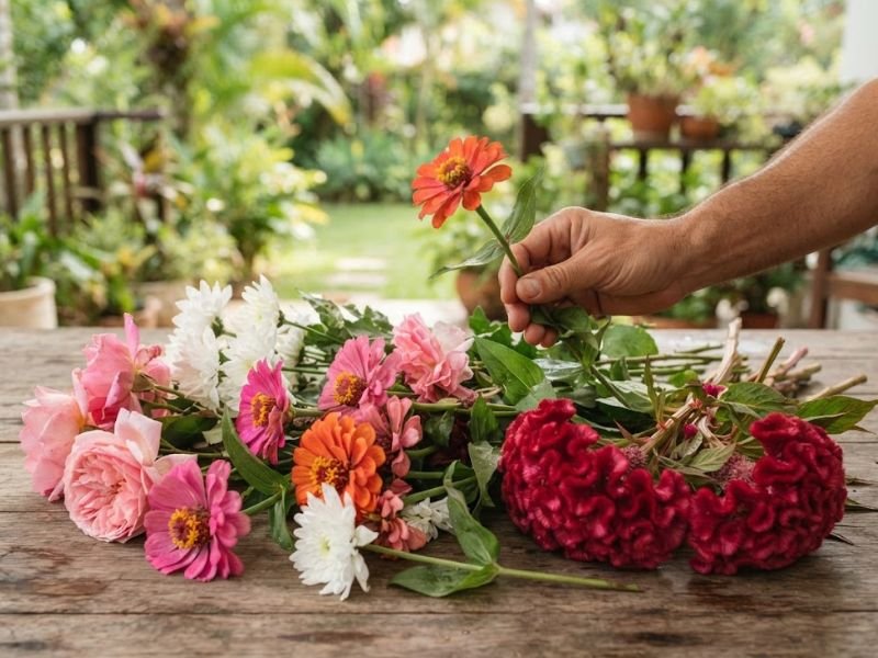 Rosas, zínias, crisântemos brancos e cristas-de-galo sobre uma mesa, com uma mão acrescentando uma zínia laranja.