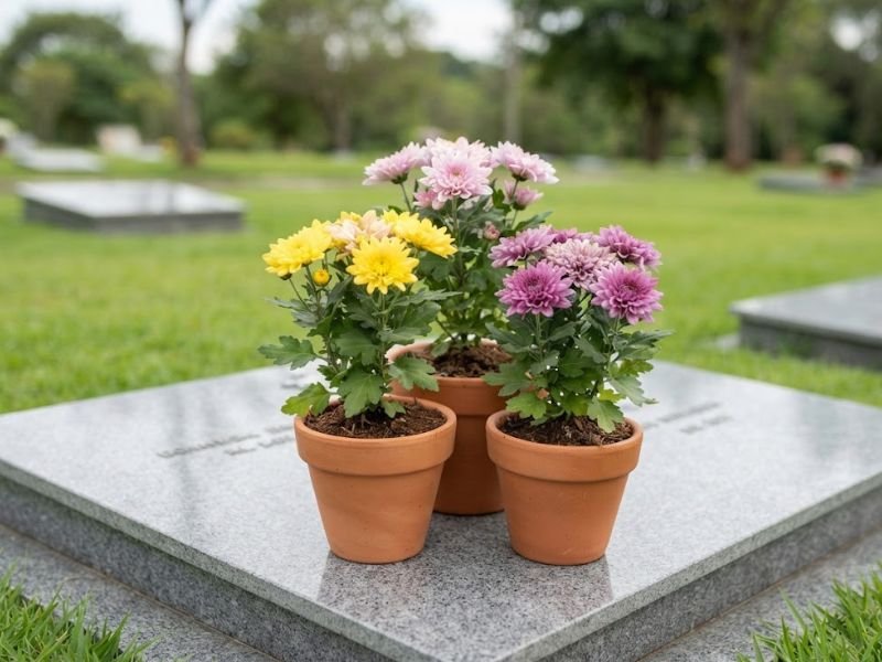 Três vasos de crisântemos amarelos, rosa-claro e lilases agrupados sobre uma sepultura.