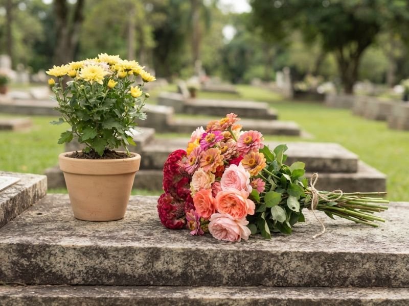 Vaso de crisântemos amarelos ao lado de um buquê de flores variadas sobre uma superfície de pedra no cemitério.