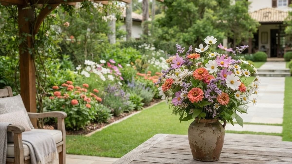 Flores de canteiro para arranjos em vaso sobre mesa com canteiro florido ao fundo