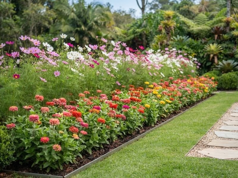 Zínias e cosmos cultivados em grupos organizados no canteiro do jardim