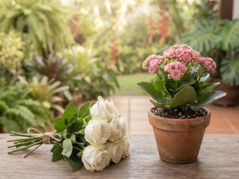 Buquê de rosas brancas ao lado de uma calandiva rosa plantada em vaso de terracota.
