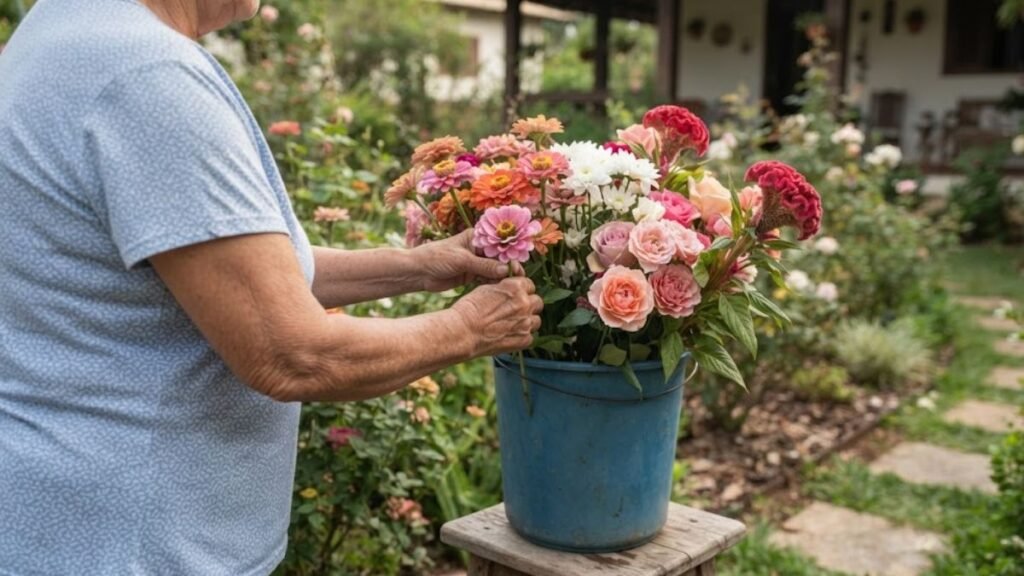 Senhora reunindo flores do jardim para Finados em um balde azul, com rosas, zínias, crisântemos e cristas-de-galo.