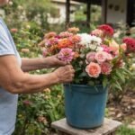 Senhora reunindo flores do jardim para Finados em um balde azul, com rosas, zínias, crisântemos e cristas-de-galo.