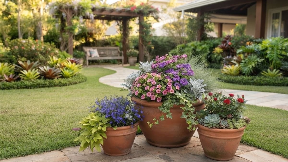 Trio de vasos com flores ornamentais em jardim residencial bem cuidado, com vaso maior em destaque e pergolado ao fundo.