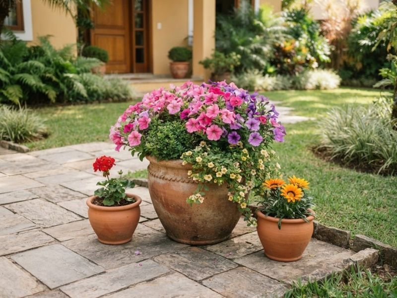 Vasos de diferentes tamanhos com flores coloridas compondo jardim residencial bem cuidado