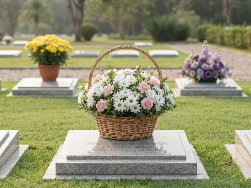 Cesta de flores brancas e rosadas sobre uma sepultura, com homenagens amarelas e roxas ao fundo.