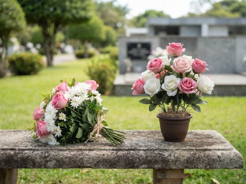 Buquê de rosas e flores brancas ao lado de um vaso com rosas artificiais sobre um banco no cemitério.