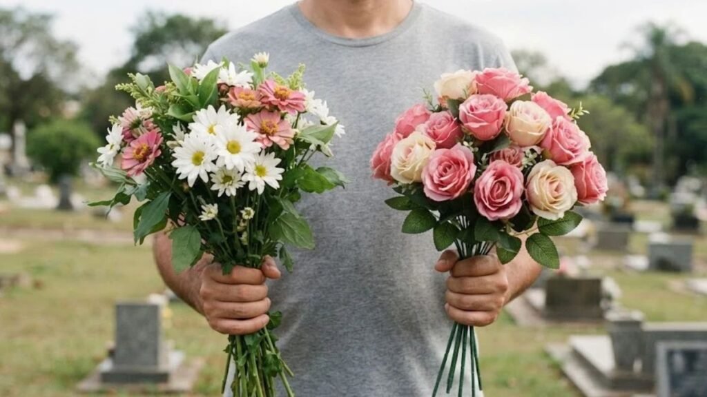 Pessoa segurando flores naturais ou artificiais em Finados, com sepulturas desfocadas ao fundo.