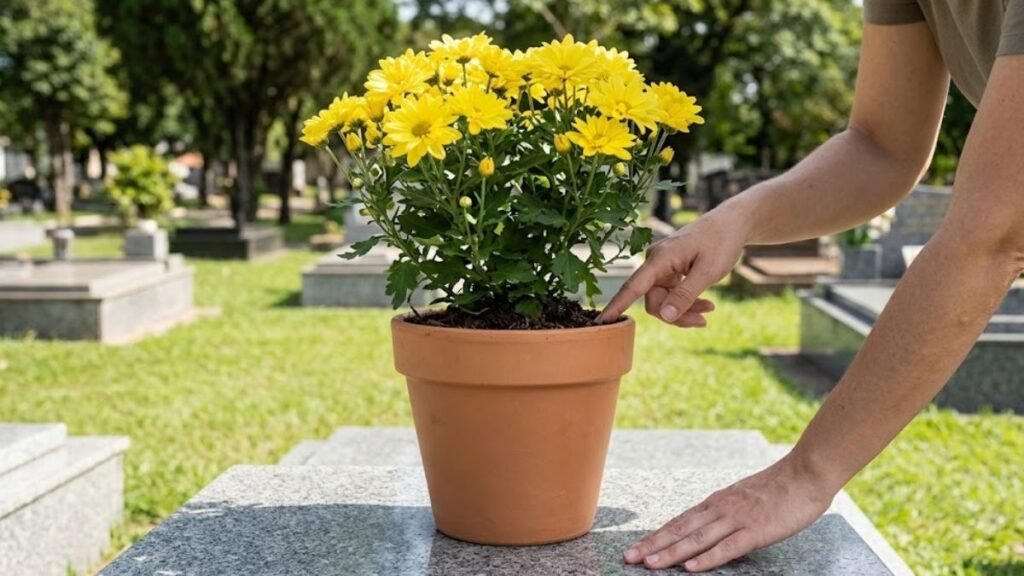 Pessoa verificando o substrato de um vaso de crisântemos amarelos sobre uma sepultura, durante os cuidados com flores no cemitério.
