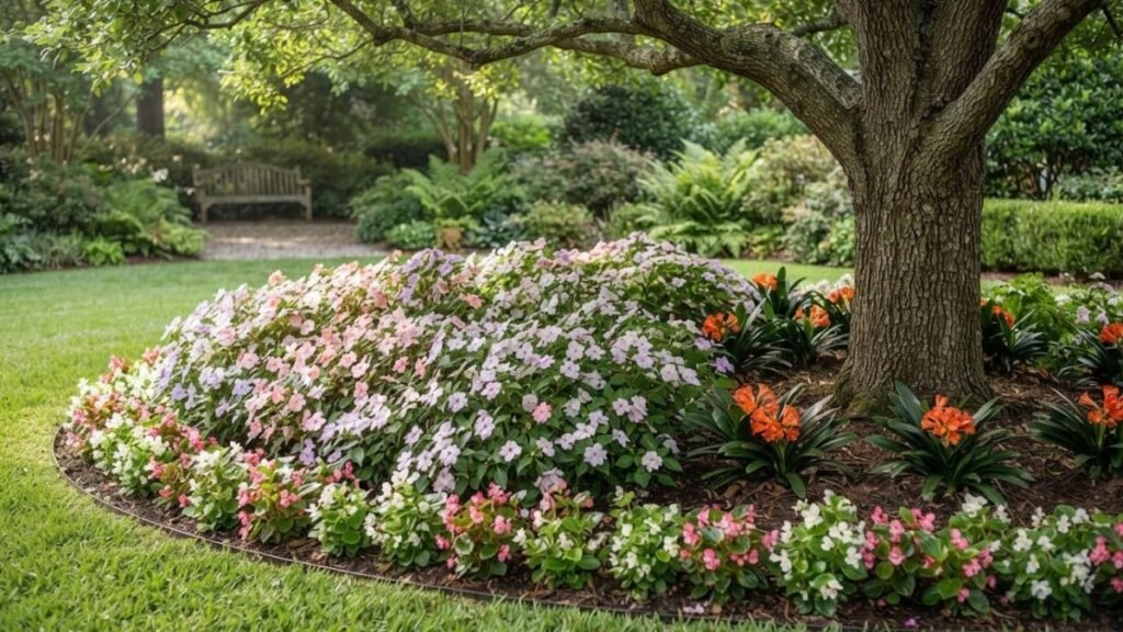 Flores para canteiros de meia sombra sob árvore com beijinho, begônia de cera e clívia