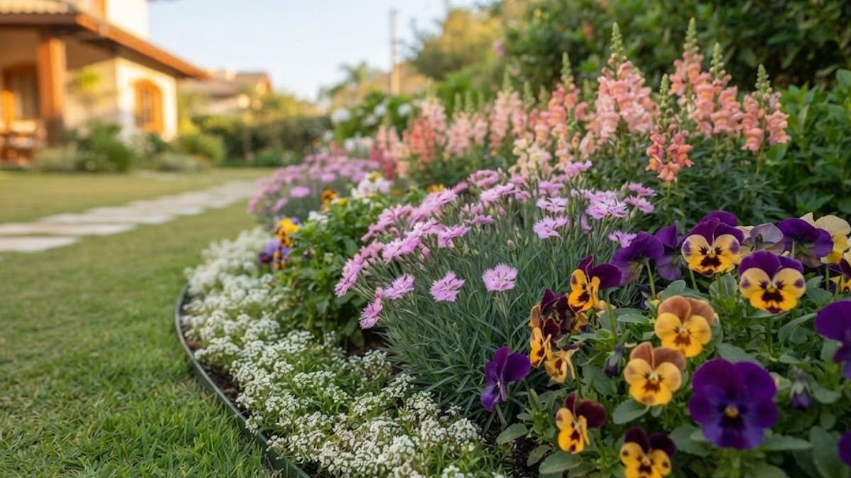 Flores para canteiros no inverno com amor-perfeito, cravina, boca-de-leão e flor-de-mel em jardim residencial.