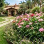 Flores para canteiros que dão volume com estrela do Egito e falsa érica em jardim residencial