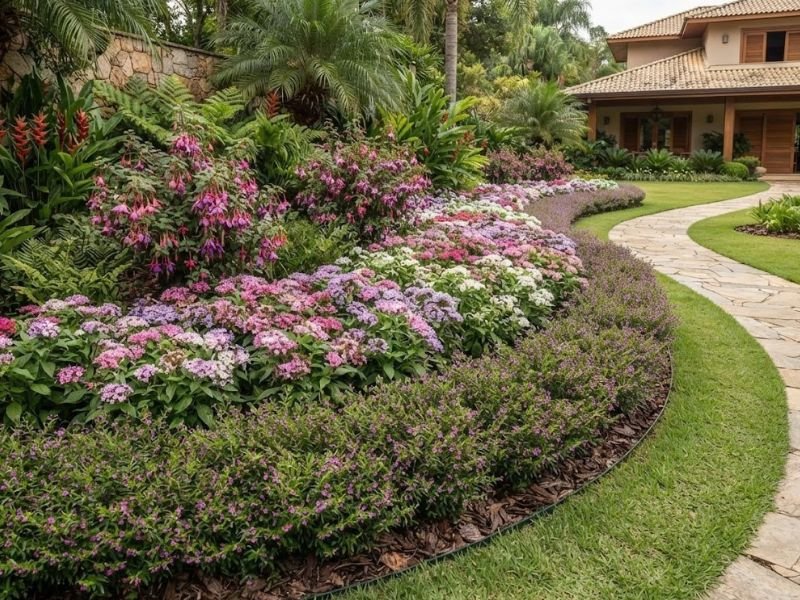 Canteiro preenchido por flores de diferentes portes em jardim residencial