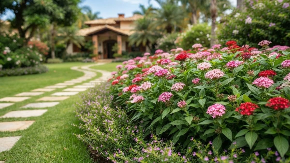 Flores para canteiros que dão volume com estrela do Egito e falsa érica em jardim residencial