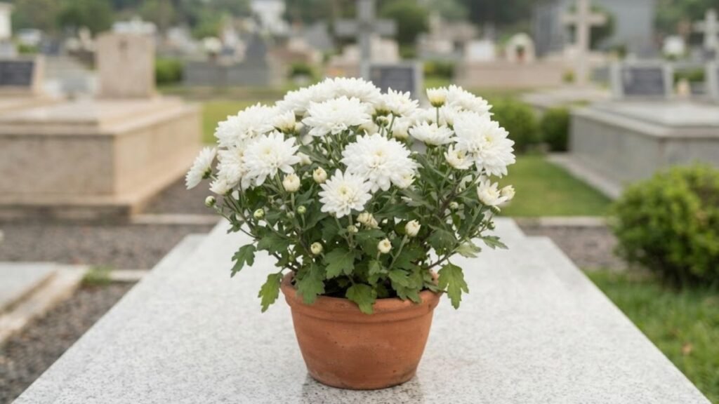 Flores para Finados com crisântemos brancos em vaso sobre túmulo de granito.