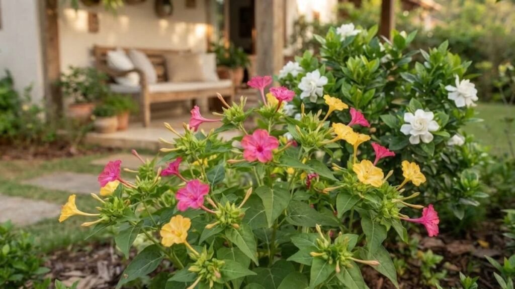 Flores para o fim da tarde: maravilhas rosas e amarelas com gardênia branca em jardim diante de uma varanda.
