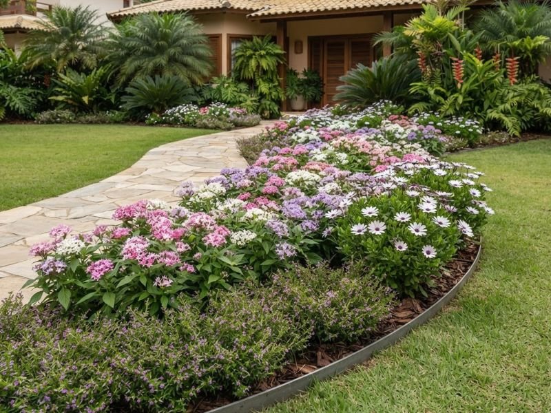 Flores de porte baixo e intermediário formando volume em canteiro