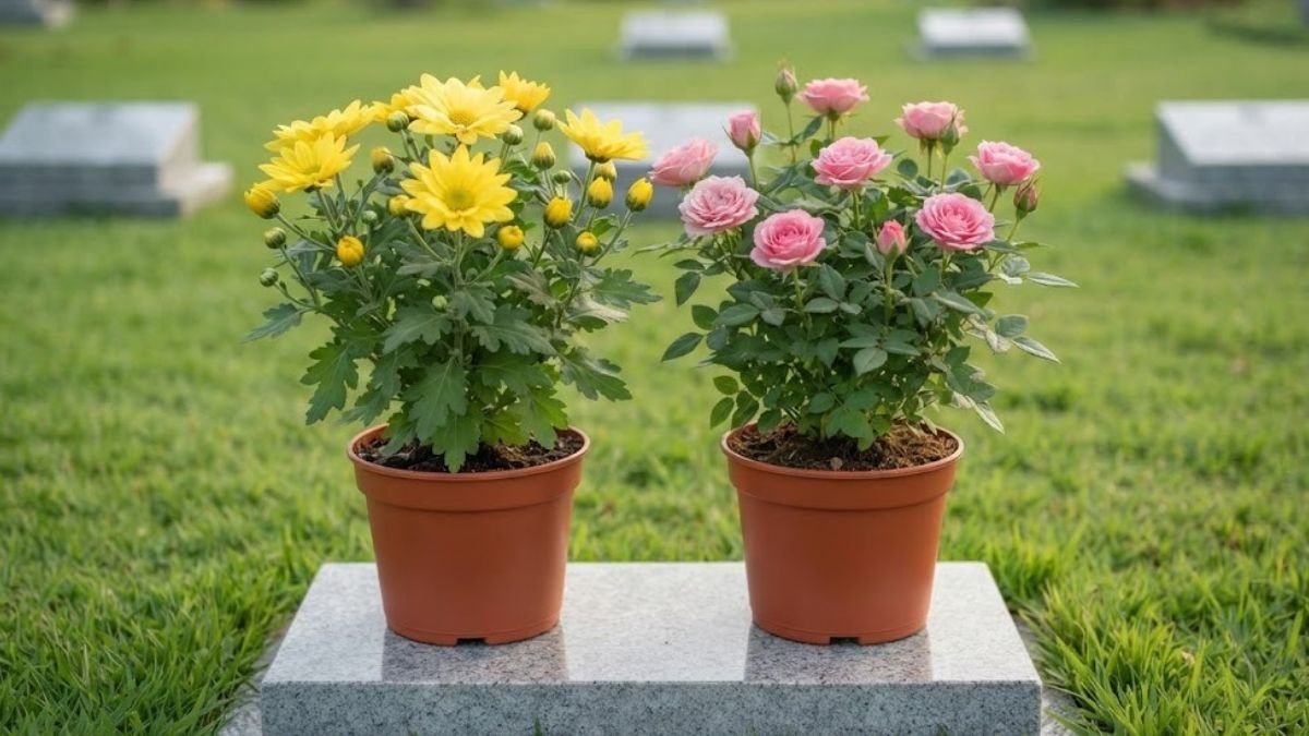 Flores resistentes ao sol para cemitério: crisântemo amarelo e mini roseira rosa em vasos sobre uma base de granito.