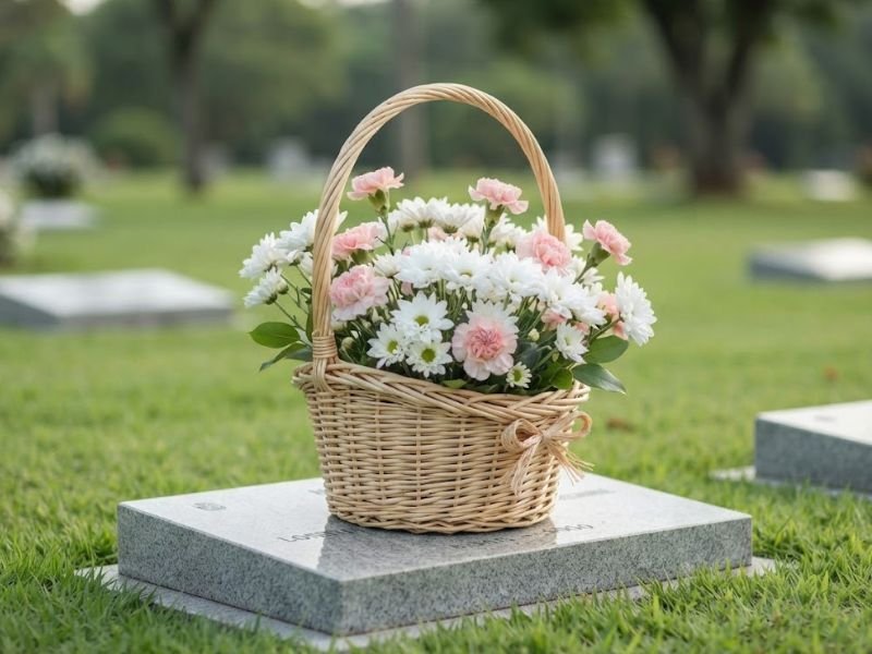 Cesta de vime com crisântemos brancos e cravos rosa-claro sobre uma sepultura no gramado.