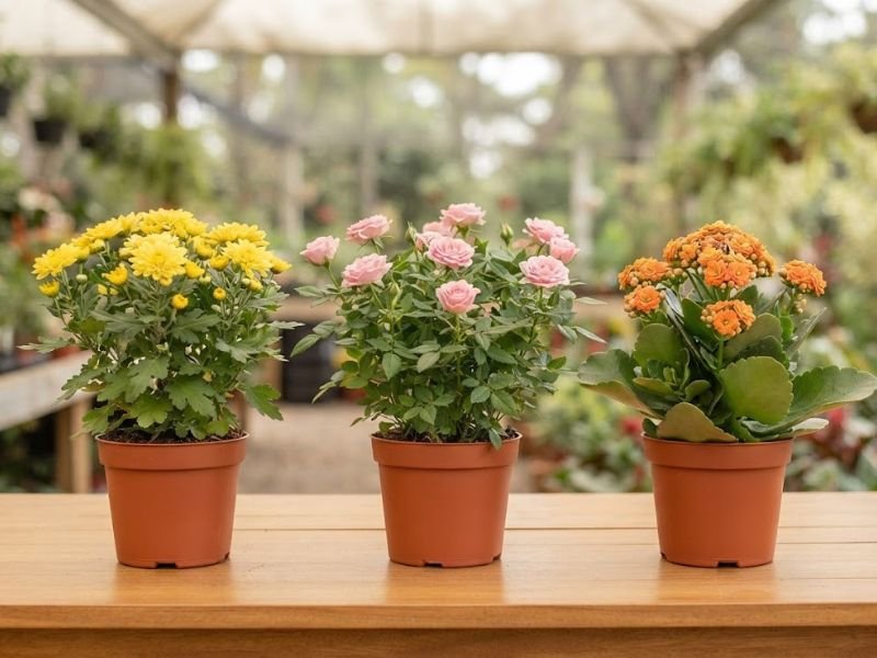 Crisântemo amarelo, mini roseira rosa e calandiva alaranjada em vasos sobre uma bancada de floricultura.
