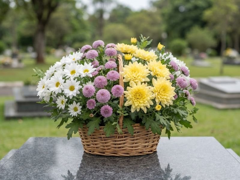 Cesta com crisântemos brancos semelhantes a margaridas, flores lilases arredondadas e crisântemos amarelos de pétalas numerosas.