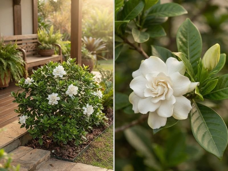 Gardênia florida em canteiro ao lado da varanda e aproximação de uma flor branca dobrada com botão.
