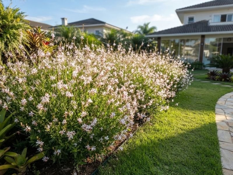 Canteiro ensolarado com várias plantas de gaura floridas ao lado de um gramado verde e caminho de jardim.