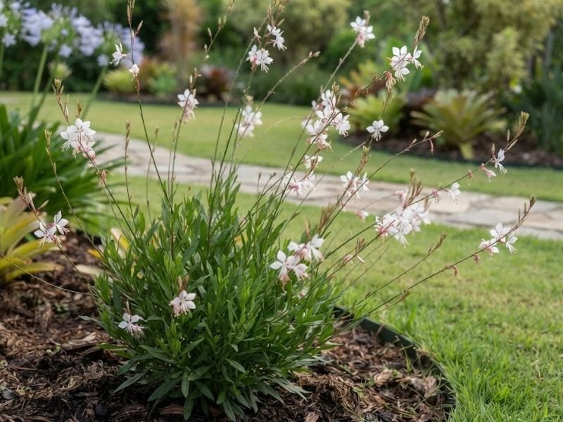 Touceira de gaura com folhas estreitas, hastes finas e pequenas flores brancas e rosadas em jardim residencial.
