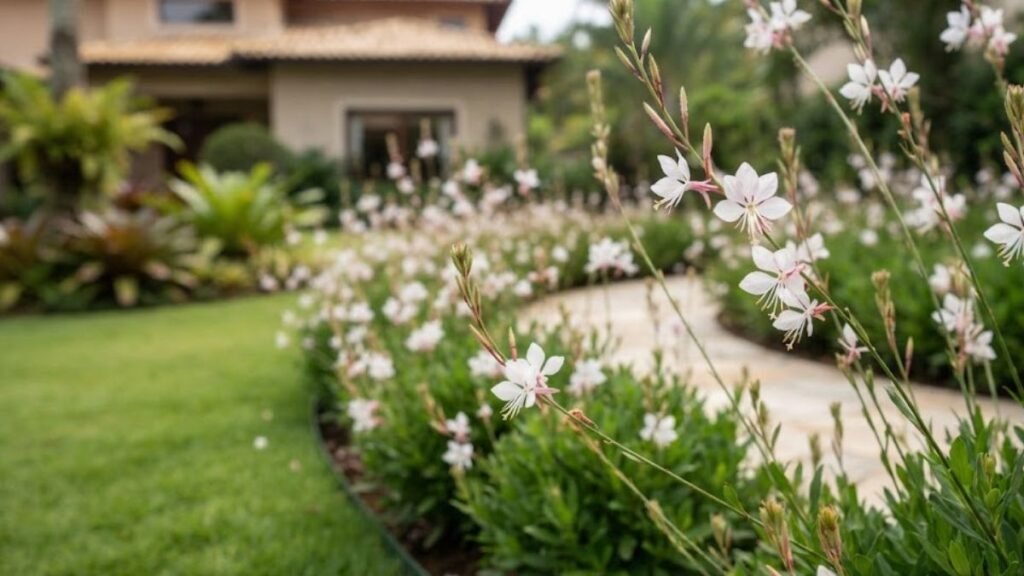 Gaura com flores brancas delicadas em primeiro plano e canteiro florido junto a um caminho curvo no jardim.