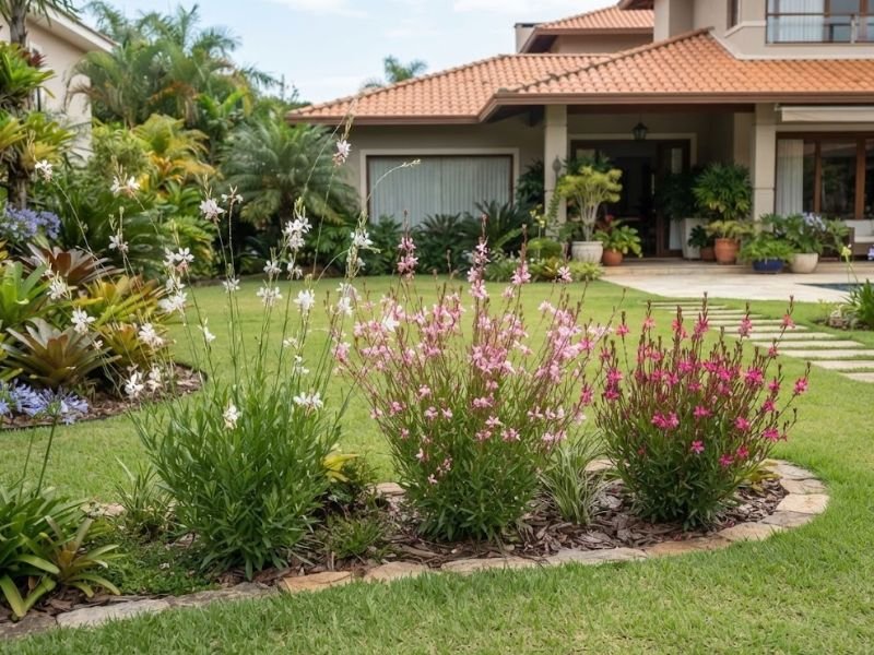 Três grupos de gaura com flores brancas, rosa-claro e rosa-intenso formando um canteiro ornamental.