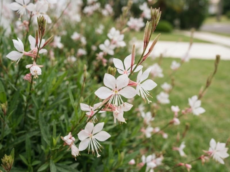 Flores brancas de gaura fotografadas de perto, mostrando quatro pétalas, estames longos e botões florais.