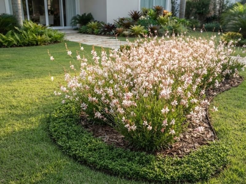 Canteiro curvo e bem preenchido com gaura florida, bordadura de plantas verdes e gramado residencial.