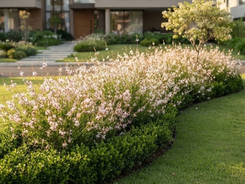 Maciço de gaura florida em canteiro curvo com bordadura verde, gramado aparado e árvore ornamental.