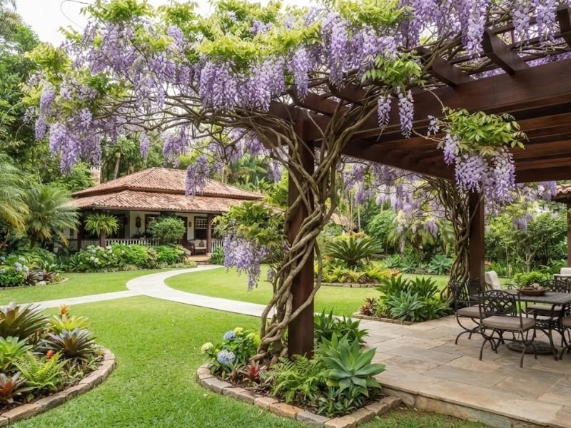 Glicínia trepadeira com cachos lilases cobrindo pergolado de madeira