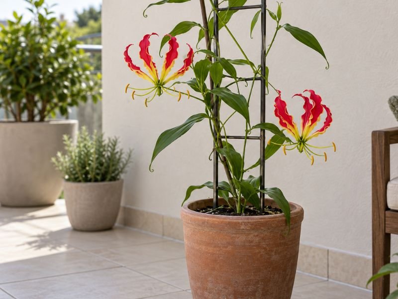 Gloriosa superba cultivada em vaso com flores vermelhas e amarelas