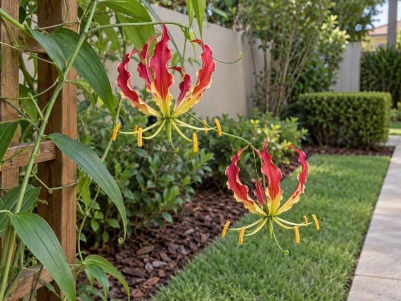 Gloriosa superba com flores vermelhas e amarelas de pétalas recurvadas