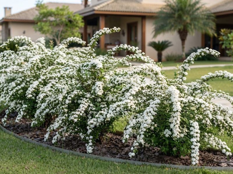 Arbustos de grinalda de noiva com numerosos ramos arqueados e pequenas flores brancas em canteiro residencial.