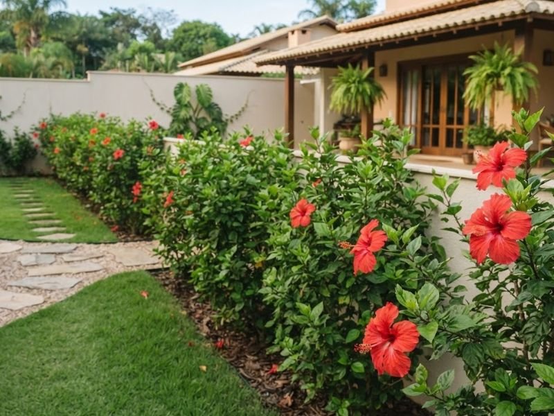 Cerca viva informal de hibisco vermelho com flores abertas e folhagem verde em jardim residencial.