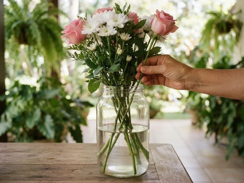 Mão ajustando rosas e crisântemos em um recipiente de vidro com água antes da visita de Finados.