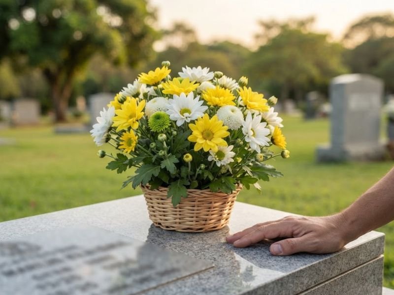 Cesta com crisântemos brancos e amarelos sobre uma sepultura, com uma mão apoiada ao lado.