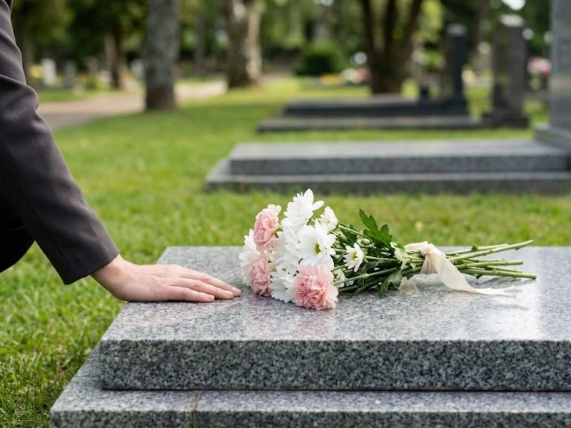 Ramalhete de flores brancas e cravos rosa-claro sobre uma sepultura, com uma mão apoiada ao lado.