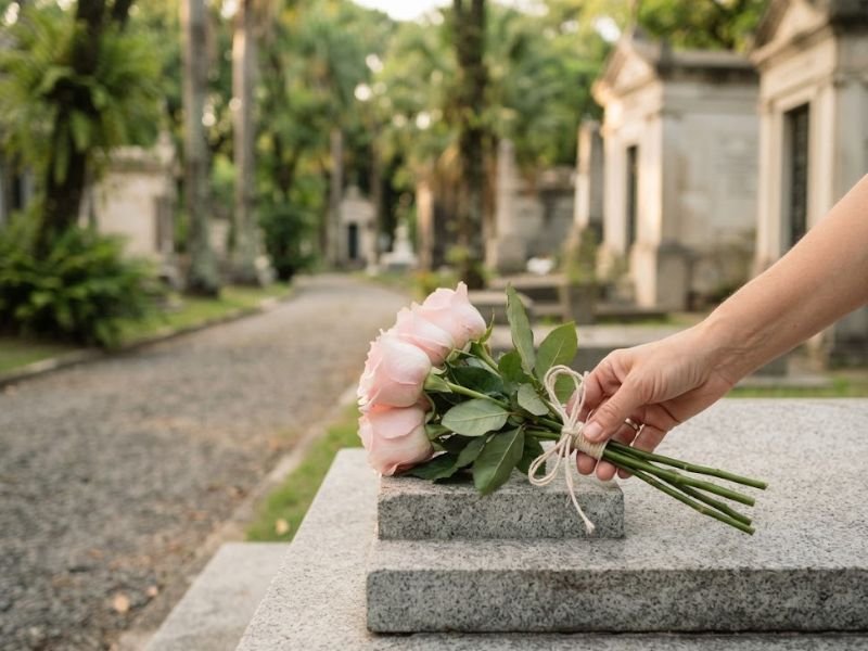 Mão depositando um pequeno buquê de rosas claras sobre um túmulo de granito.