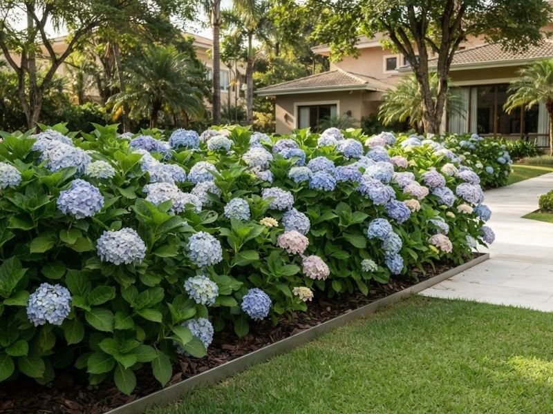 Hortênsias azuis e azul-lavanda com grandes inflorescências arredondadas em canteiro residencial.
