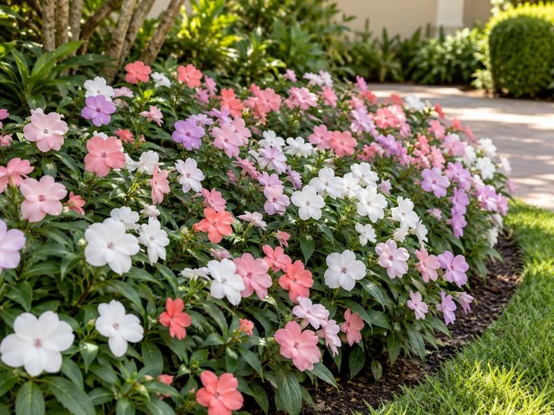 Impatiens hawkeri florido em canteiro de meia sombra