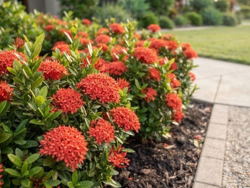 Cachos de flores alaranjadas de ixora em canteiro ao lado de um caminho