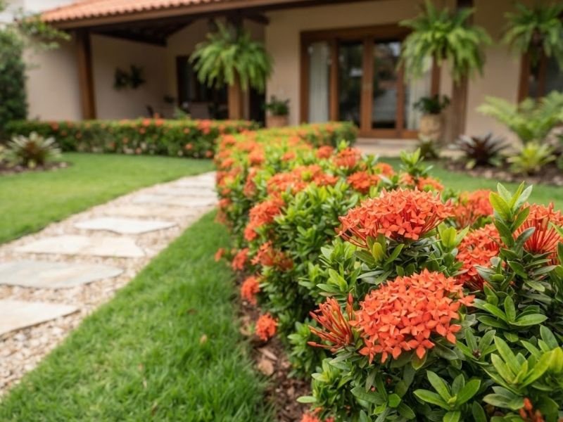 Ixora alaranjada com cachos de flores pequenas e folhas verdes formando cerca viva compacta.