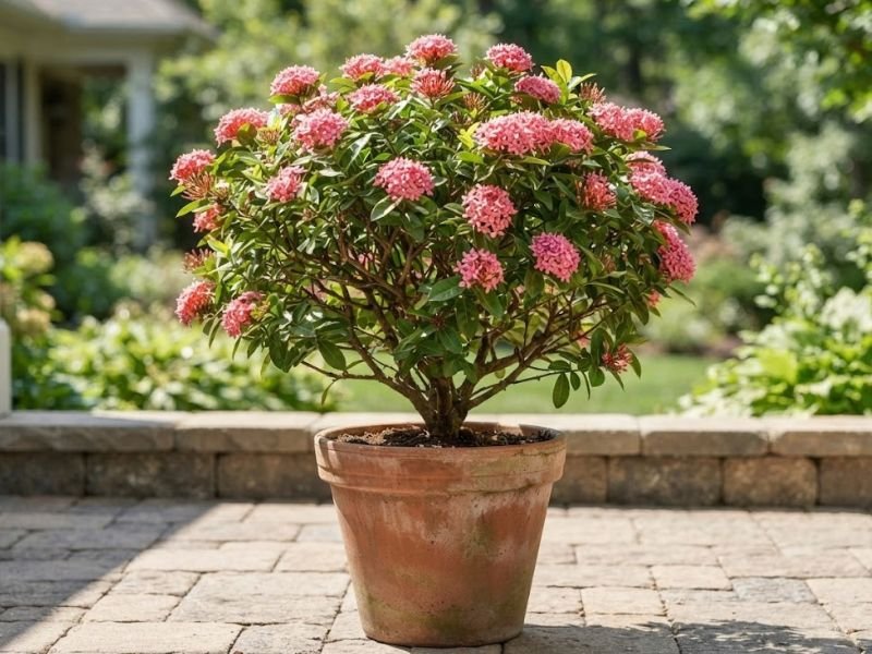 Ixora com cachos de flores rosas em vaso de terracota sobre piso externo ensolarado