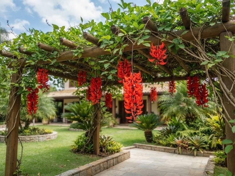 Jade vermelha com cachos vermelhos pendendo de pergolado de madeira