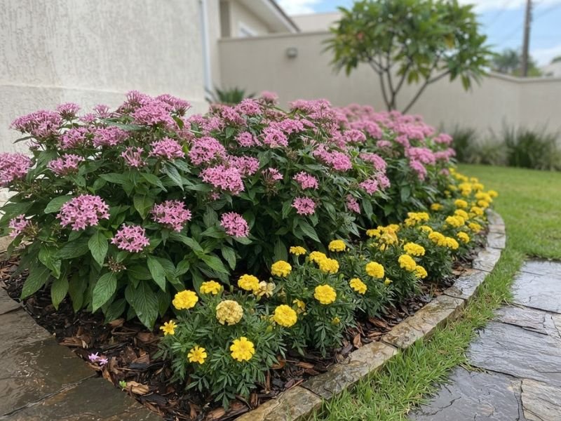 Canteiro curvo de pentas rosadas e tagetes amarelos junto ao gramado e a um caminho molhado.